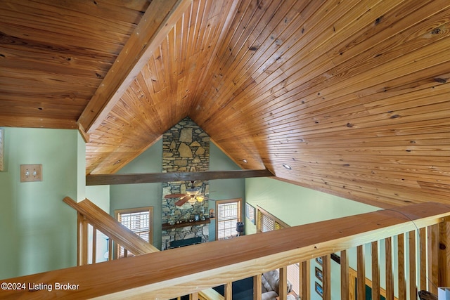 515 Brier Creek Meadows Rd, Mammoth Cave, KY 42259 - interior details with a fireplace, a ceiling fan, and wood ceiling