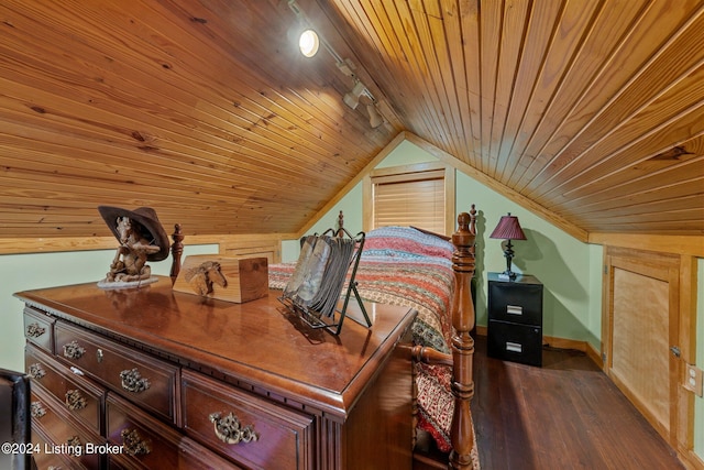 515 Brier Creek Meadows Rd, Mammoth Cave, KY 42259 - bedroom featuring dark wood-style floors, baseboards, lofted ceiling, wooden ceiling, and rail lighting