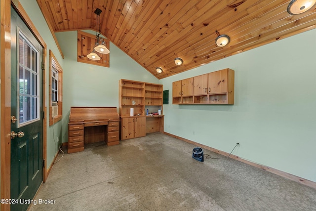 515 Brier Creek Meadows Rd, Mammoth Cave, KY 42259 - unfurnished office featuring baseboards, vaulted ceiling, built in study area, and wooden ceiling
