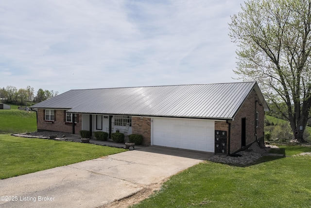 ranch-style house with concrete driveway, brick siding, an attached garage, and a front yard