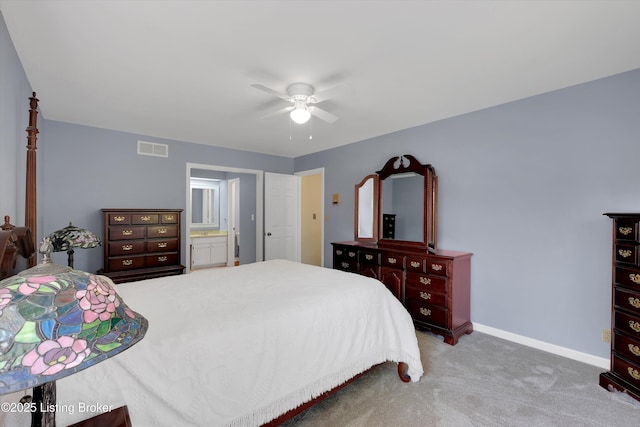 bedroom with a ceiling fan, visible vents, carpet floors, and baseboards