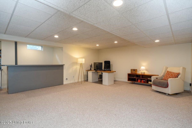 office area featuring recessed lighting, a paneled ceiling, and carpet floors