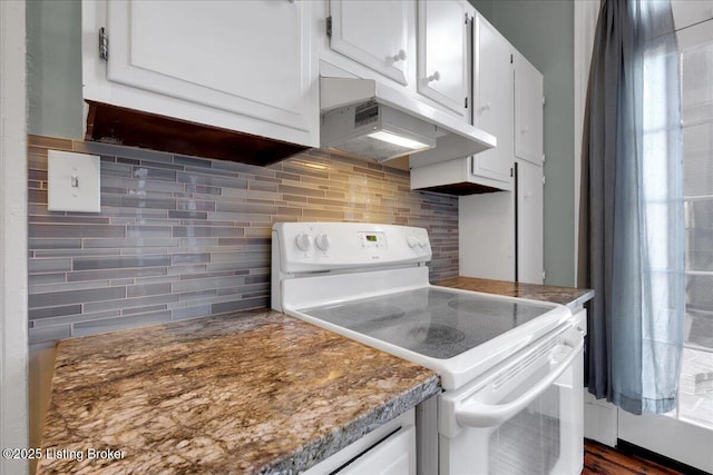 1460 S 6th St, Louisville, KY 40208 - kitchen featuring light stone countertops, decorative backsplash, under cabinet range hood, white cabinetry, and white electric range