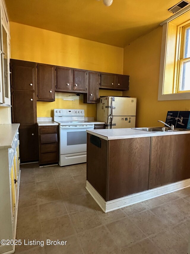1460 S 6th St, Louisville, KY 40208 - kitchen featuring a sink, white appliances, dark brown cabinetry, a peninsula, and light countertops