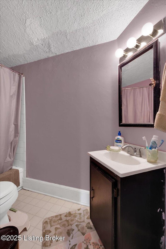 1460 S 6th St, Louisville, KY 40208 - full bathroom with a textured ceiling, toilet, shower / bathtub combination with curtain, vanity, and tile patterned flooring