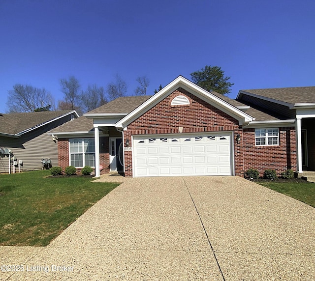 single story home with a front lawn, a shingled roof, brick siding, concrete driveway, and an attached garage