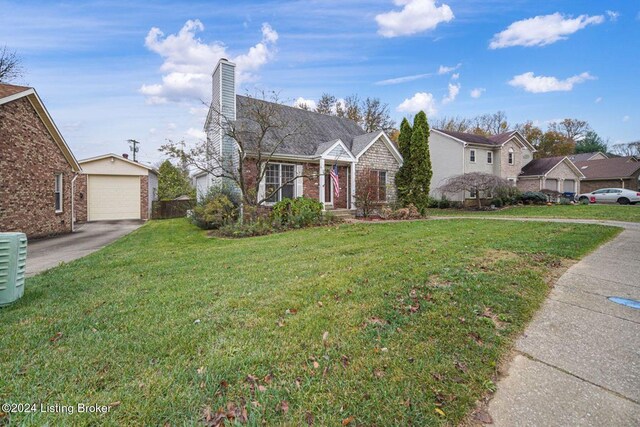 view of front facade with concrete driveway, a front yard, brick siding, and a garage