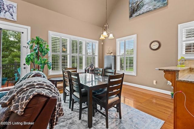 14729 Forbes Cir, Louisville, KY 40245 - dining room featuring light wood-style floors, high vaulted ceiling, and baseboards