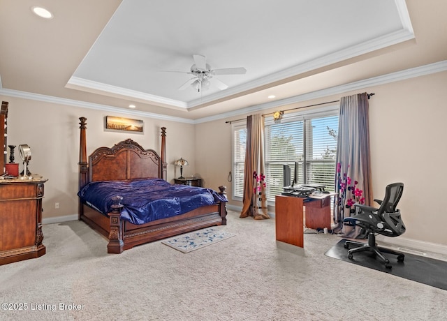 14729 Forbes Cir, Louisville, KY 40245 - carpeted bedroom featuring a raised ceiling, ceiling fan, crown molding, and baseboards