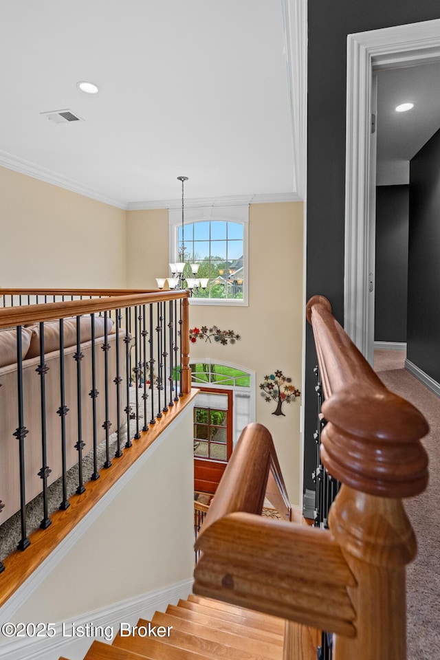 14729 Forbes Cir, Louisville, KY 40245 - stairway with recessed lighting, a chandelier, ornamental molding, baseboards, and visible vents