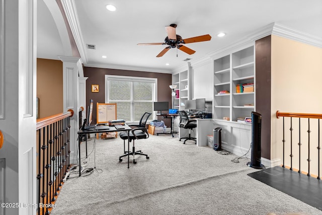 14729 Forbes Cir, Louisville, KY 40245 - carpeted office featuring recessed lighting, ceiling fan, visible vents, baseboards, and ornamental molding