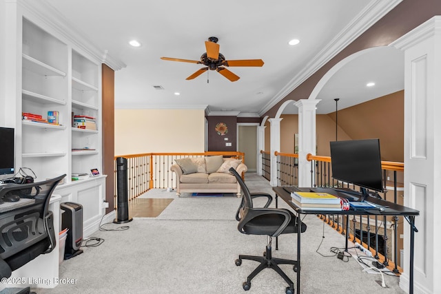 14729 Forbes Cir, Louisville, KY 40245 - carpeted office with recessed lighting, arched walkways, ceiling fan, and decorative columns