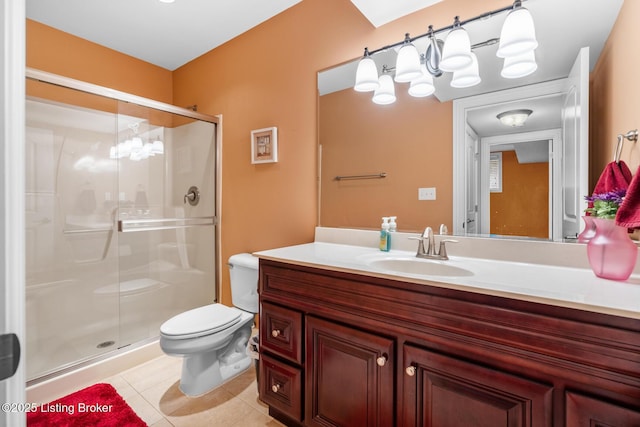 14729 Forbes Cir, Louisville, KY 40245 - full bathroom with tile patterned floors, a chandelier, a shower stall, and vanity