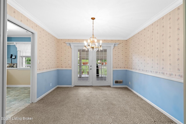 9111 Royal Oak Dr, Louisville, KY 40272 - spare room featuring a chandelier, wallpapered walls, ornamental molding, carpet, and baseboards