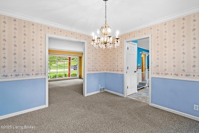 9111 Royal Oak Dr, Louisville, KY 40272 - unfurnished room featuring wallpapered walls, a chandelier, carpet, ornamental molding, and baseboards