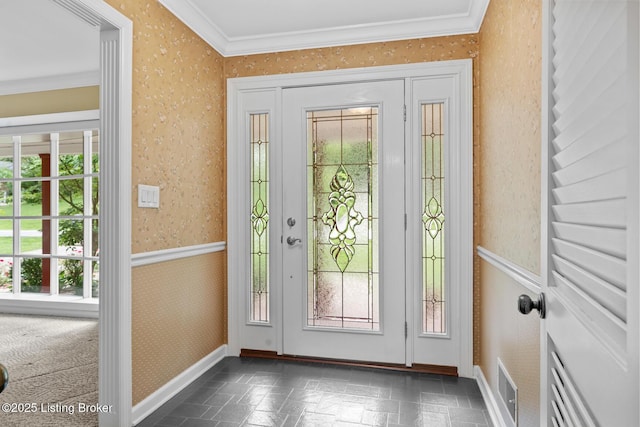 9111 Royal Oak Dr, Louisville, KY 40272 - foyer entrance featuring wallpapered walls, crown molding, and baseboards