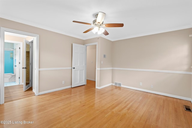 9111 Royal Oak Dr, Louisville, KY 40272 - unfurnished bedroom with light wood finished floors, ornamental molding, baseboards, and a ceiling fan