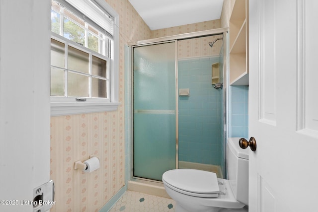 9111 Royal Oak Dr, Louisville, KY 40272 - bathroom featuring wallpapered walls, a shower stall, and toilet