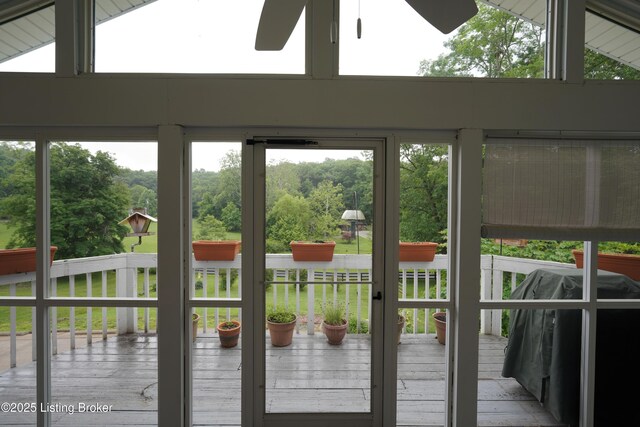 9111 Royal Oak Dr, Louisville, KY 40272 - doorway with a ceiling fan, plenty of natural light, and high vaulted ceiling