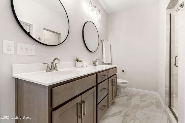 full bath with toilet, a shower stall, marble finish floor, and a sink