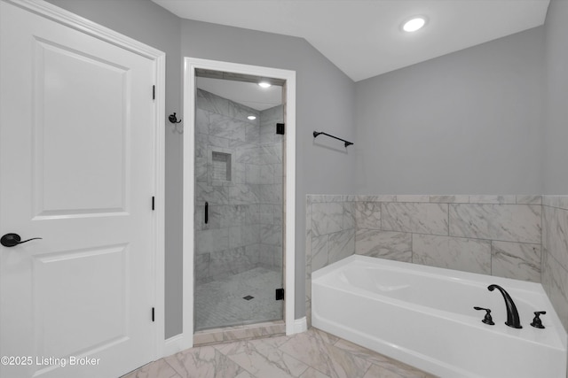 full bath featuring recessed lighting, a bath, a stall shower, marble finish floor, and baseboards