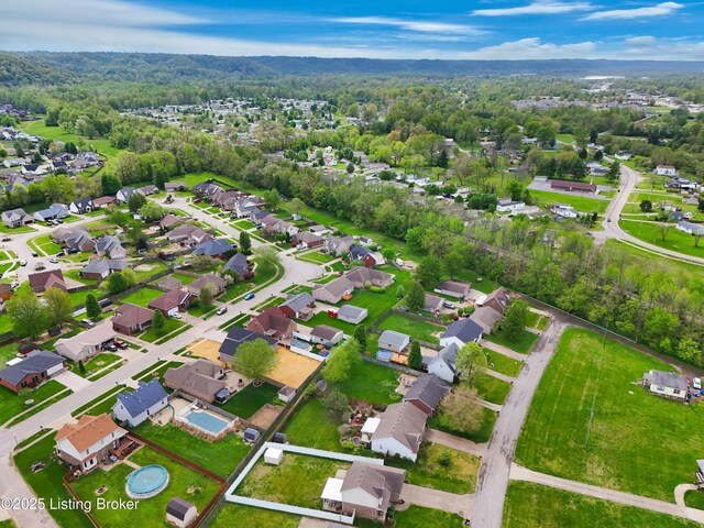 bird's eye view with a residential view and a wooded view