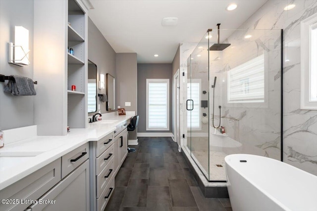7492 Edith Way, Crestwood, KY 40014 - full bathroom with a freestanding bath, a sink, double vanity, a marble finish shower, and a wealth of natural light