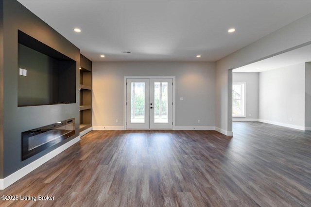 7492 Edith Way, Crestwood, KY 40014 - unfurnished living room featuring dark wood-style flooring, recessed lighting, baseboards, and built in shelves