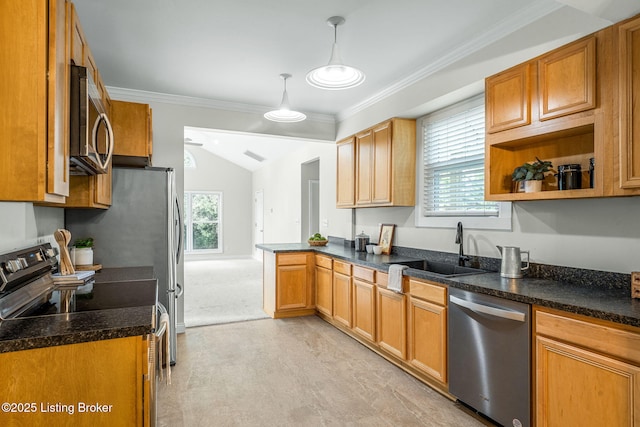 309 W Madison St, La Grange, KY 40031 - kitchen featuring appliances with stainless steel finishes, ornamental molding, a sink, lofted ceiling, and pendant lighting