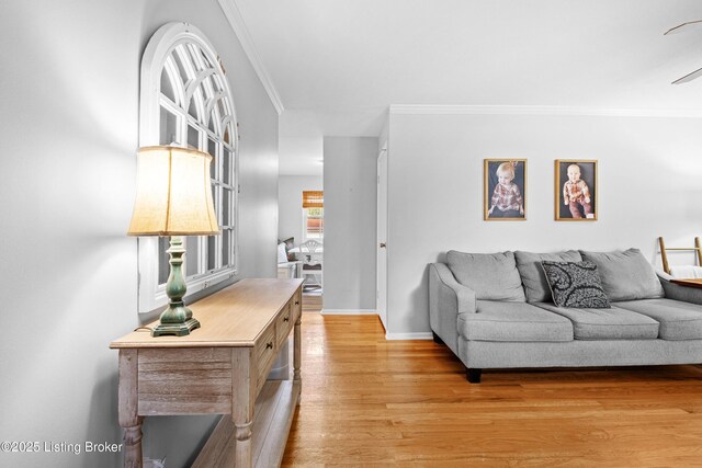 living room featuring baseboards, light wood finished floors, and crown molding