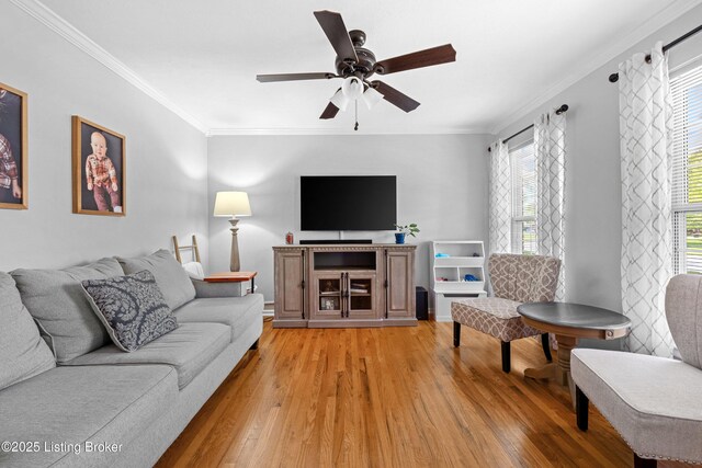 living room with baseboards, a ceiling fan, crown molding, and light wood finished floors
