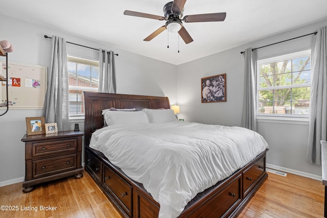 bedroom with visible vents, multiple windows, baseboards, and light wood-style floors