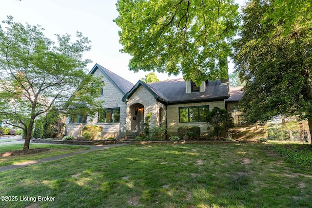 tudor home featuring a front lawn and stone siding
