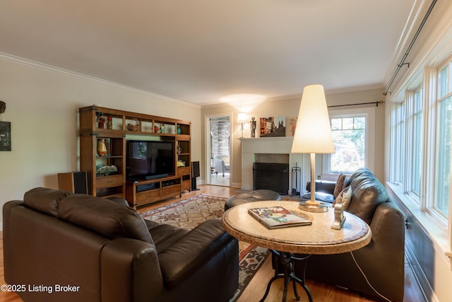 living area with a fireplace with flush hearth, wood finished floors, and ornamental molding