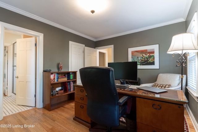 office featuring ornamental molding and light wood-style flooring