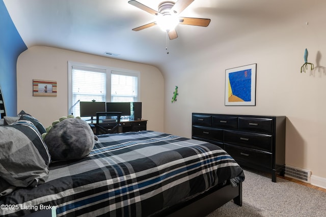 bedroom featuring visible vents and ceiling fan