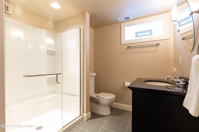 bathroom with visible vents, a stall shower, baseboards, toilet, and tile patterned floors
