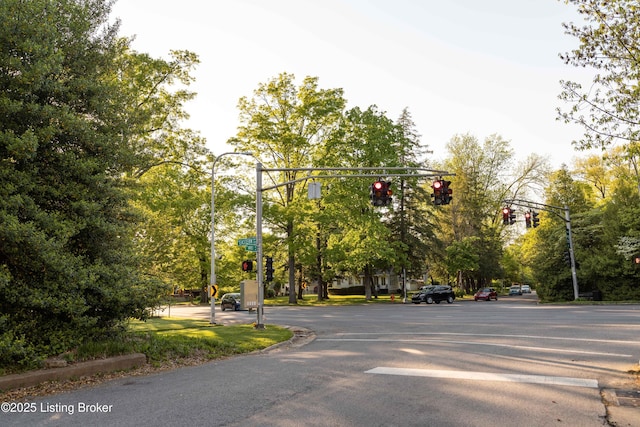 view of street with traffic lights, traffic signs, and curbs