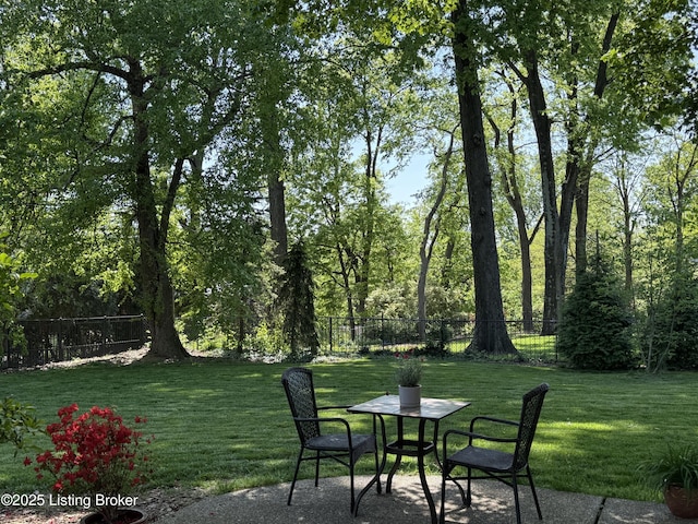 view of yard with fence, outdoor dining space, and a patio area