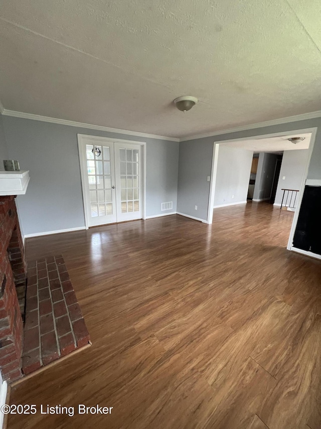 4213 Shenandoah Dr, Louisville, KY 40241 - unfurnished living room featuring wood finished floors, ornamental molding, a fireplace, baseboards, and visible vents