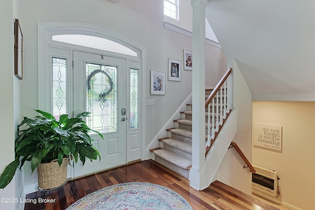 3817 Carriage Hill Dr, Crestwood, KY 40014 - foyer entrance featuring stairway, wood finished floors, and heating unit