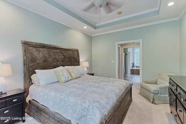 3817 Carriage Hill Dr, Crestwood, KY 40014 - bedroom featuring recessed lighting, crown molding, a tray ceiling, ensuite bathroom, and ceiling fan
