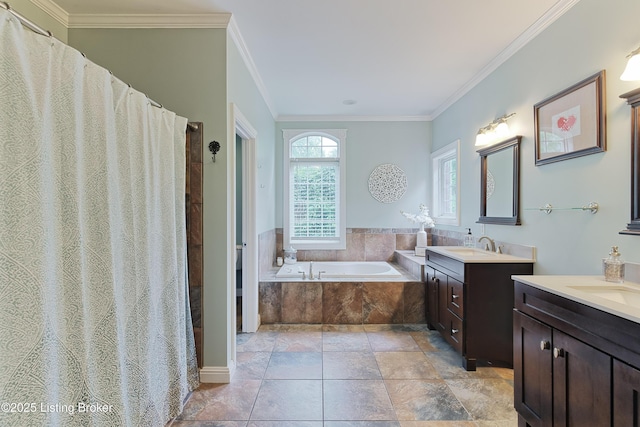 3817 Carriage Hill Dr, Crestwood, KY 40014 - bathroom with crown molding, a bath, two vanities, and a shower with shower curtain