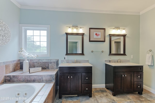 3817 Carriage Hill Dr, Crestwood, KY 40014 - full bathroom with baseboards, crown molding, a jetted tub, two vanities, and stone finish floors