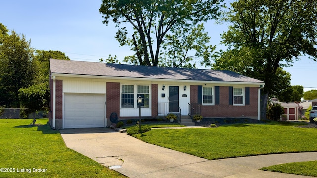 ranch-style home with brick siding, a garage, a front yard, and concrete driveway