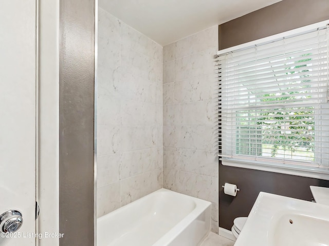 full bathroom with walk in shower, toilet, and a bathtub