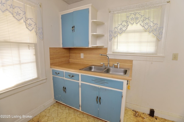 kitchen with a healthy amount of sunlight, blue cabinets, backsplash, and a sink
