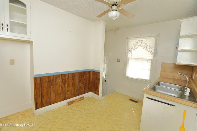 clothes washing area featuring a sink, ceiling fan, visible vents, baseboards, and light floors