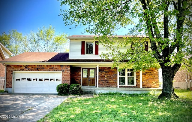 view of front of property with concrete driveway, a garage, a front lawn, and brick siding