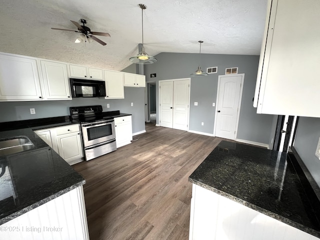 kitchen with electric stove, lofted ceiling, ceiling fan, black microwave, and dark wood-type flooring